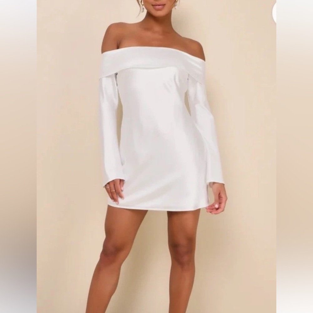 Lulus Luxurious Vision White Satin Off Shoulder Mini Cocktail Dress NWOT Sz L